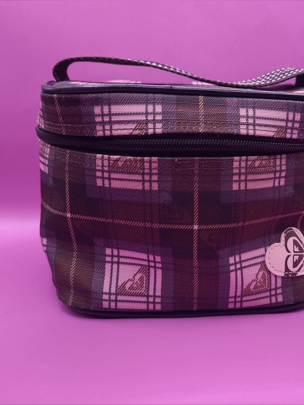 Vintage Y2K Roxy Makeup Case Travel Case Brown And Pink Plaid‎
